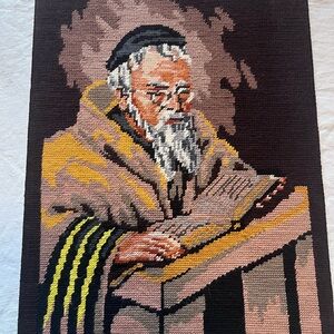 Signed 1972 Judaica Finished Needlepoint “The Rabbi” Jewish Art 12 x 16 Torah